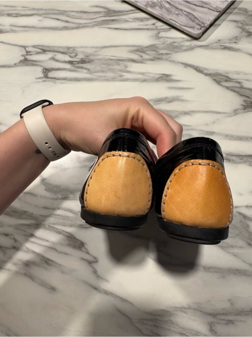 Stuart Weitzman Black Patent Loafers with Tan Trim and Tassels - Picture 5 of 11